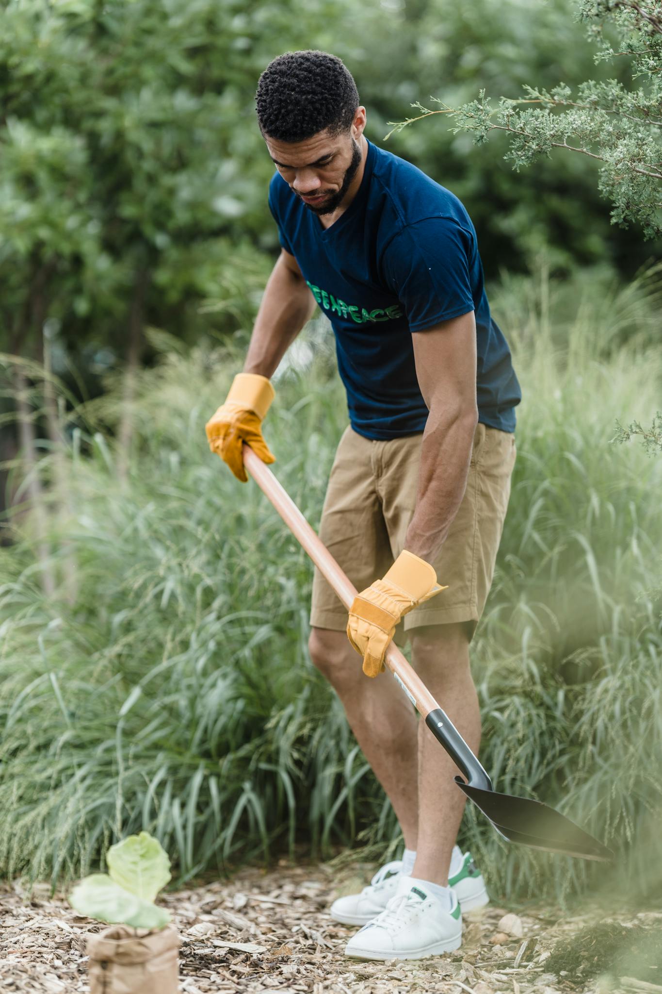 Adult man in shorts and gloves planting outdoors with a shovel, focusing on nurturing nature.